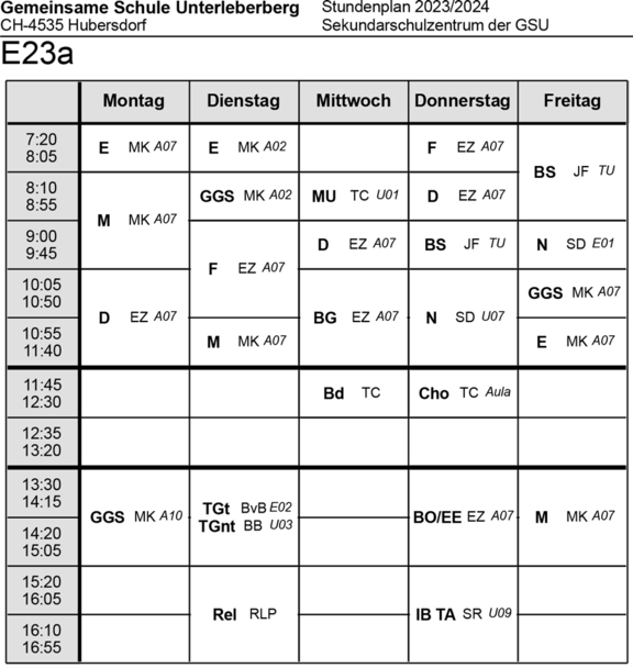 Stundenplan Klasse E23a Sekundarschulzentrum 2023/24