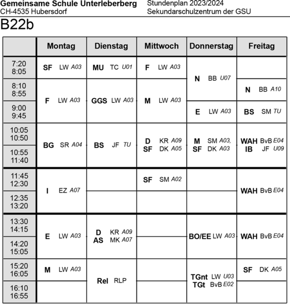 Stundenplan Klasse B22b Sekundarschulzentrum 2023/24