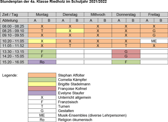 Stundenplan 4a. Klasse Primarschule Riedholz 2021/22