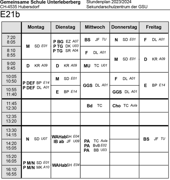 Stundenplan Klasse E21b Sekundarschulzentrum 2023/24