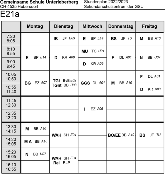 Stundenplan Klasse E21a Sekundarschulzentrum 2022/23