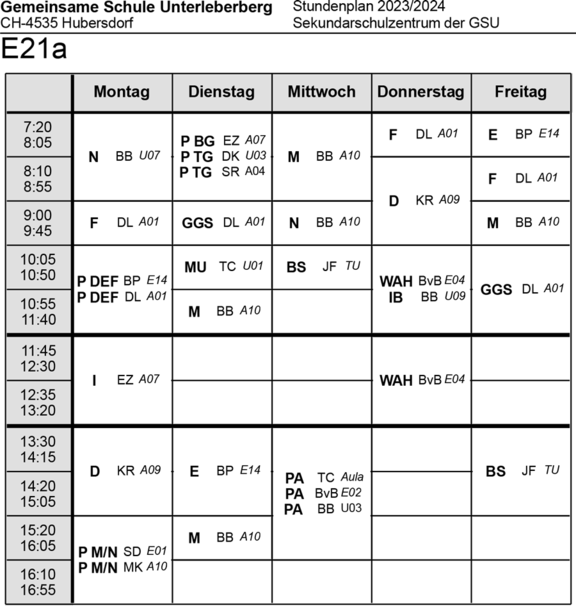 Stundenplan Klasse E21a Sekundarschulzentrum 2023/24