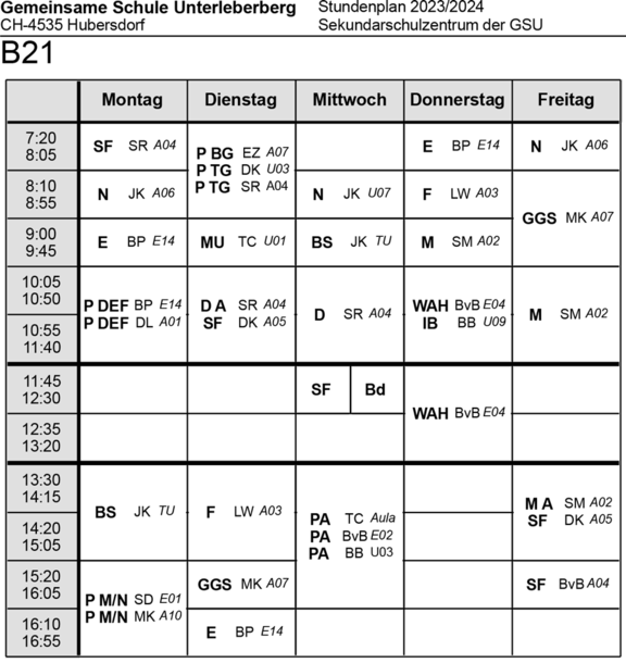 Stundenplan Klasse B21 Sekundarschulzentrum 2023/24