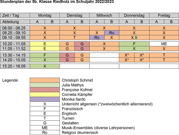 Stundenplan 5b. Klasse Primarschule Riedholz 2022/23
