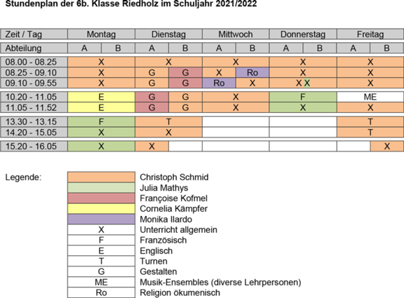 Stundenplan 6b. Klasse Primarschule Riedholz 2021/22