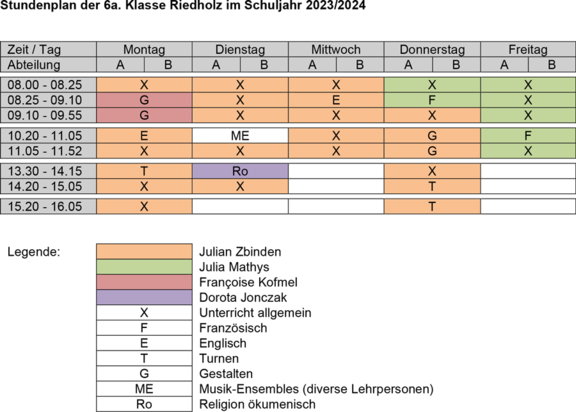 Stundenplan 6a. Klasse Primarschule Riedholz 2023/24