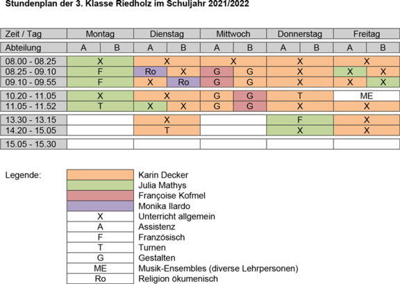 Stundenplan 3. Klasse Primarschule Riedholz 2021/22