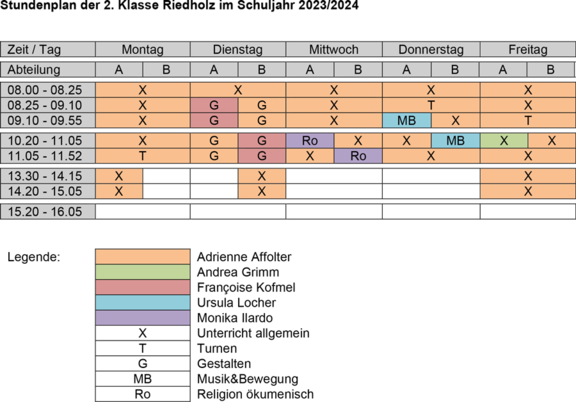 Stundenplan 2. Klasse Primarschule Riedholz 2023/24
