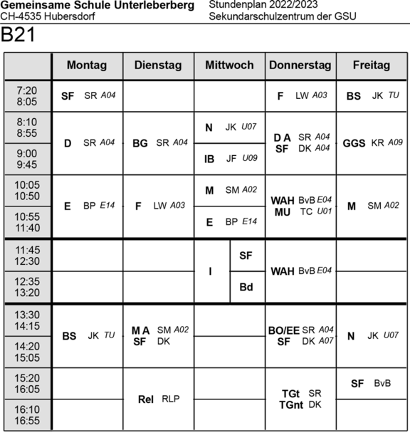 Stundenplan Klasse B21 Sekundarschulzentrum 2022/23