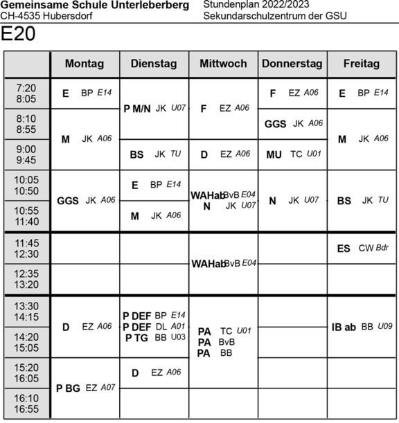 Stundenplan Klasse E20 Sekundarschulzentrum 2022/23