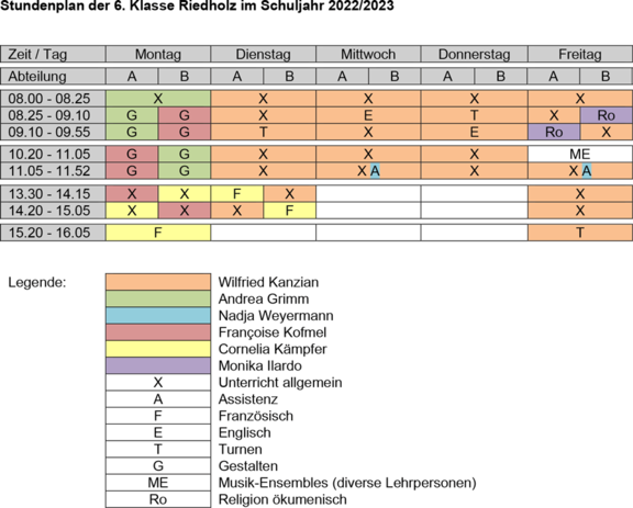 Stundenplan 6. Klasse Primarschule Riedholz 2022/23