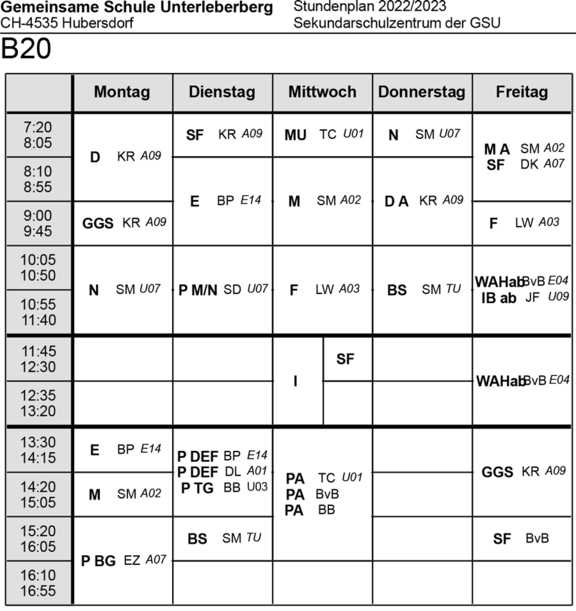 Stundenplan Klasse B20 Sekundarschulzentrum 2022/23