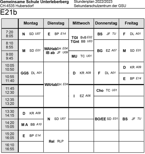 Stundenplan Klasse E21b Sekundarschulzentrum 2022/23