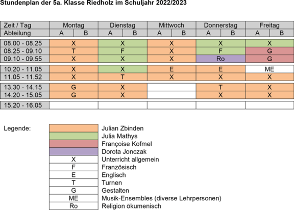Stundenplan 5a. Klasse Primarschule Riedholz 2022/23