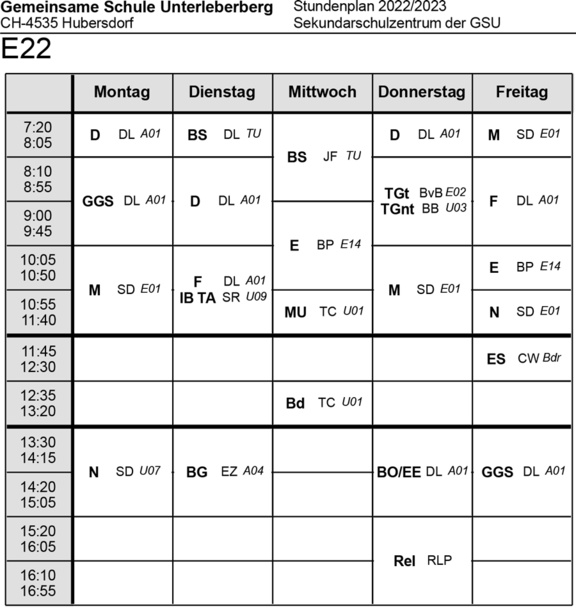 Stundenplan Klasse E22 Sekundarschulzentrum 2022/23