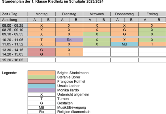 Stundenplan 1. Klasse Primarschule Riedholz 2023/24