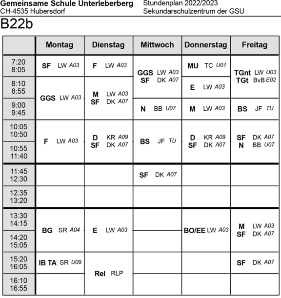 Stundenplan Klasse B22b Sekundarschulzentrum 2022/23