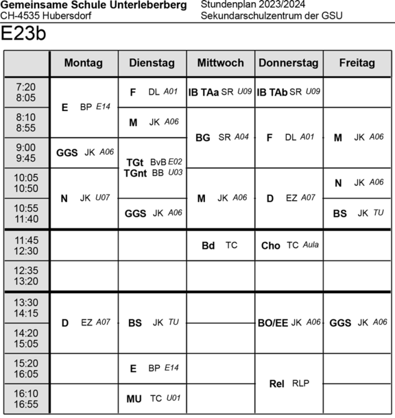 Stundenplan Klasse E23b Sekundarschulzentrum 2023/24