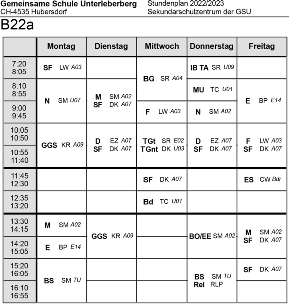 Stundenplan Klasse B22a Sekundarschulzentrum 2022/23