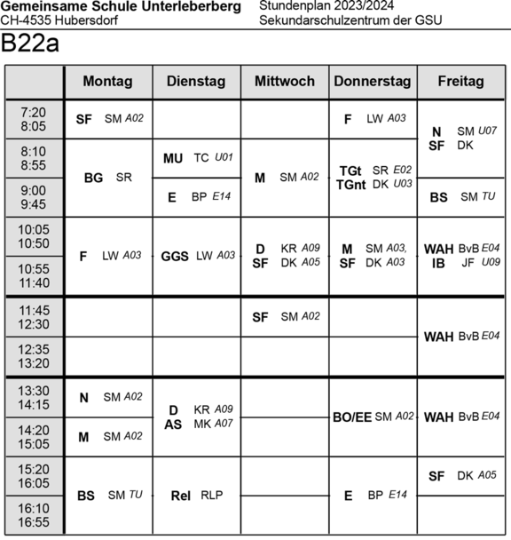 Stundenplan Klasse B22a Sekundarschulzentrum 2023/24
