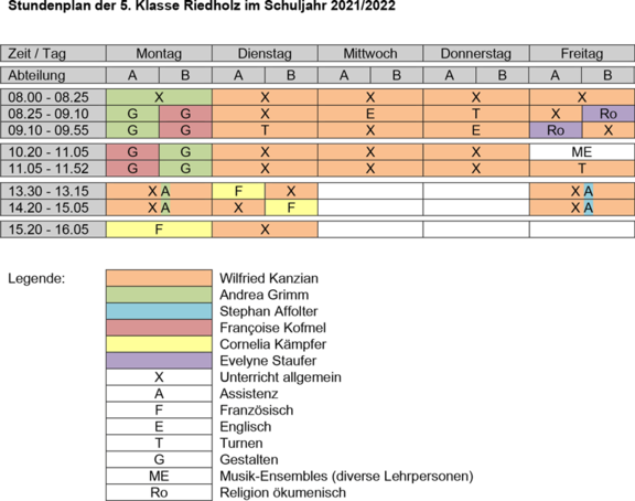 Stundenplan 5. Klasse Primarschule Riedholz 2021/22
