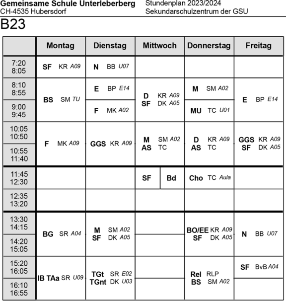 Stundenplan Klasse B23 Sekundarschulzentrum 2023/24