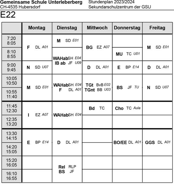 Stundenplan Klasse E22 Sekundarschulzentrum 2023/24